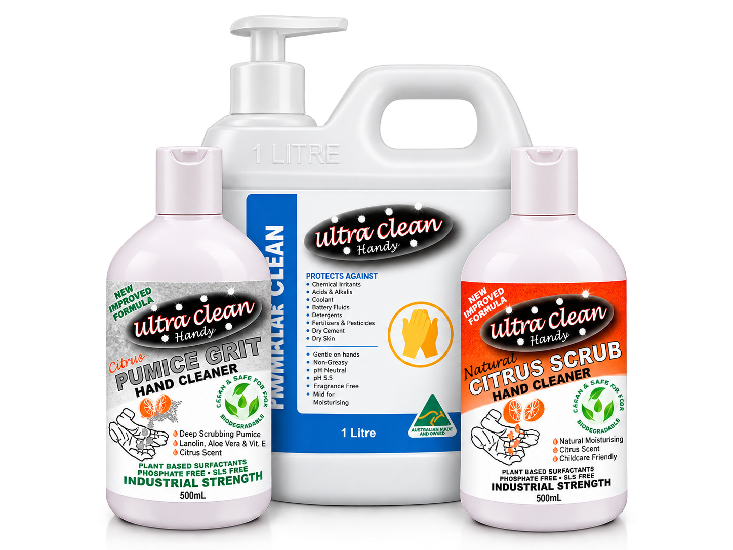 Ultra Clean Hands hand cleaners: Pumice Grit, Citrus Scrub 500mL and 1 Litre pump Barrier cream
